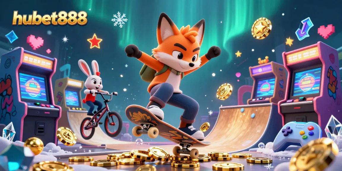 Experience thrilling gaming action with hubet888, a vibrant 3D casino scene featuring a skateboarder fox and BMX-riding rabbit.