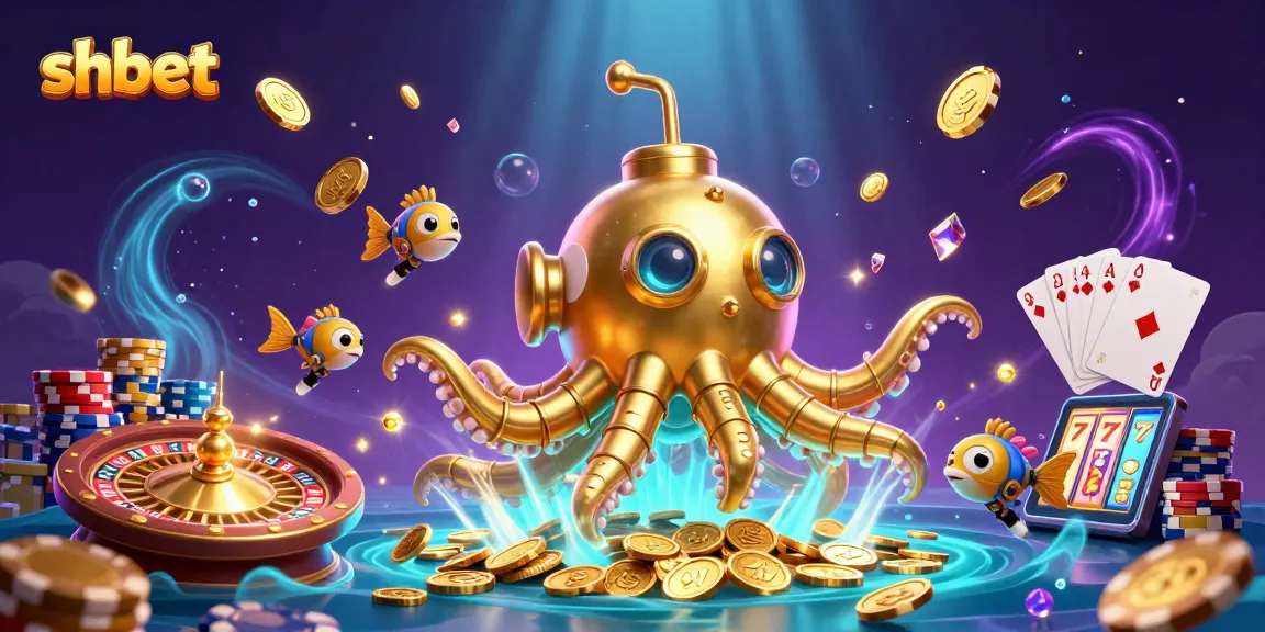 Engage with shbet's vibrant casino scene featuring a golden kraken submarine amidst golden coins and swirling game elements.