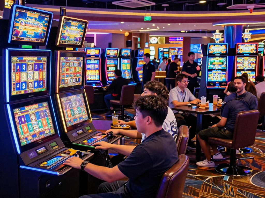 Players enjoy diverse slot gacor machines in a vibrant casino atmosphere, capturing excitement and energy.