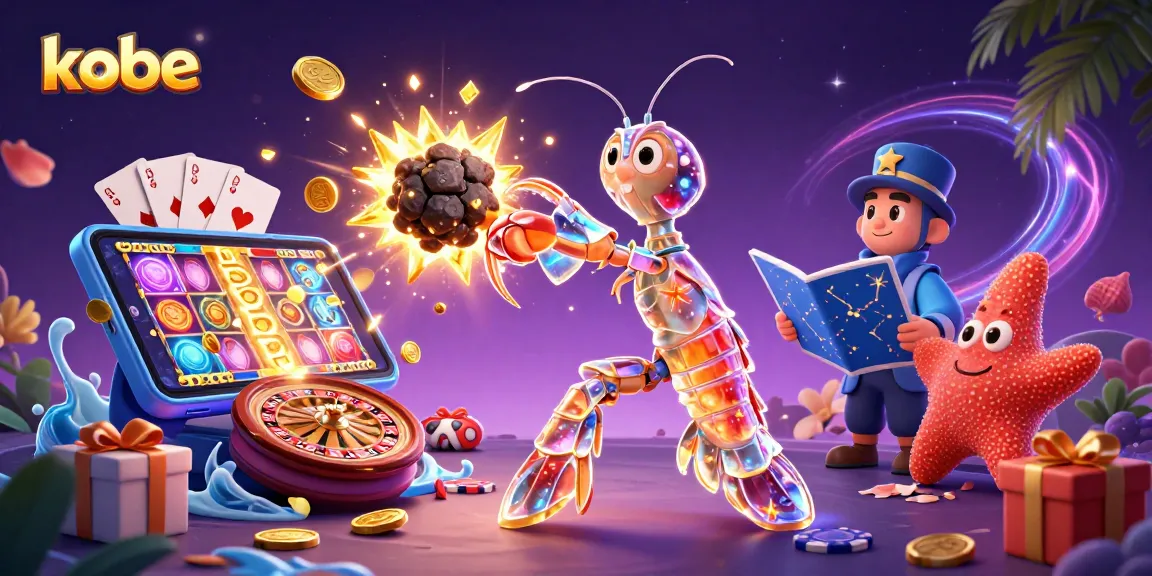 Kobe spins golden slot gems with a galactic samurai shrimp and starfish in a vibrant casino scene.