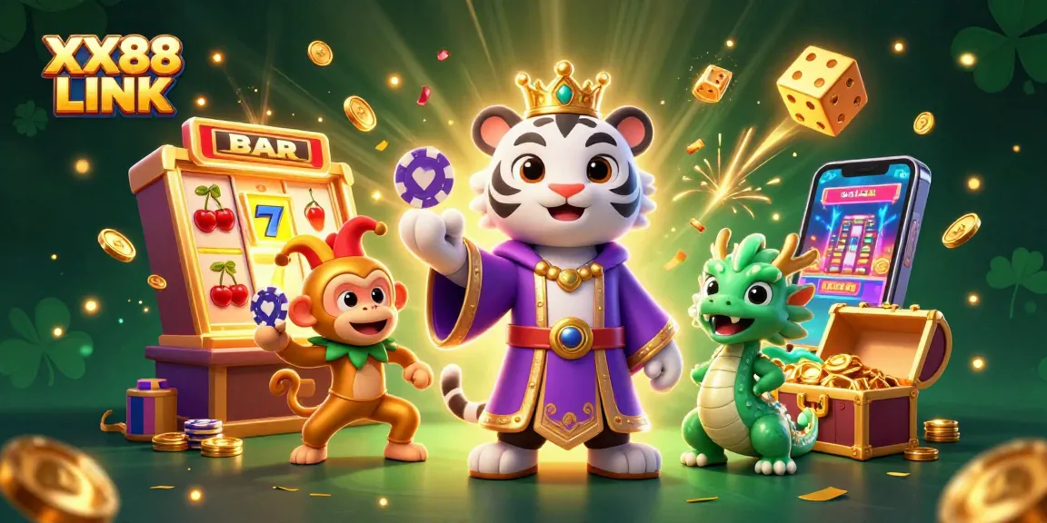 Engage in the thrill of winning with XX88 LINK, where a majestic tiger and playful monkey celebrate jackpot wins in a vibrant casino atmosphere.