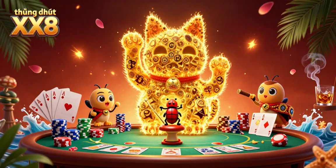 Experience the joy at thương hiệu XX8 in this vibrant casino illustration featuring a lucky cat and dynamic poker elements.