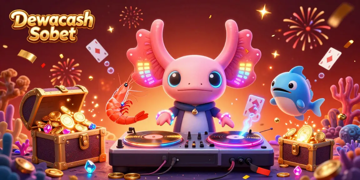Dewacash Sbobet showcases vibrant underwater party scene with an axolotl DJ and dancing shrimp.
