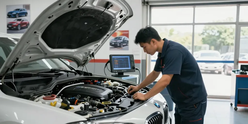 Mechaniker bei der Arbeit in einer BMW Werkstatt in Hannover.