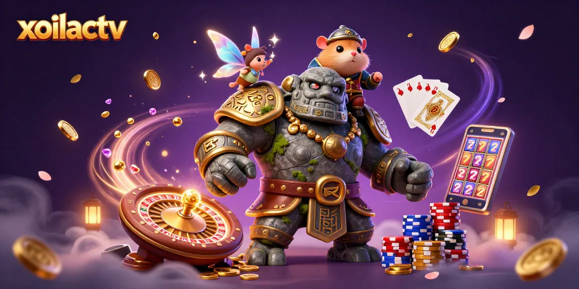 Xoilactv captivates with an enchanting scene featuring a stone golem and a fairy, amidst sparkling casino elements.