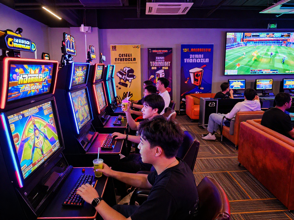 Gamblers enjoying vibrant slot gacor games in an energetic casino lounge filled with colorful lights