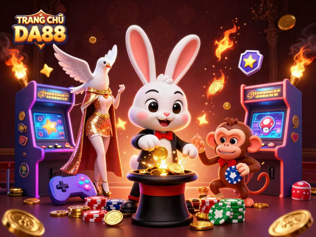 Engage with TRANG CHỦ DA88 through a vibrant scene of a magician rabbit with coins, gaming elements, and joyful characters.