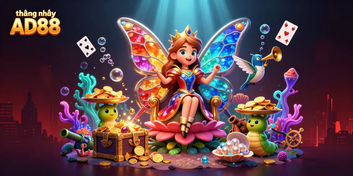 Experience the vibrant charm of thương hiệu AD88 with a lively casino scene featuring a butterfly queen and underwater treasures.