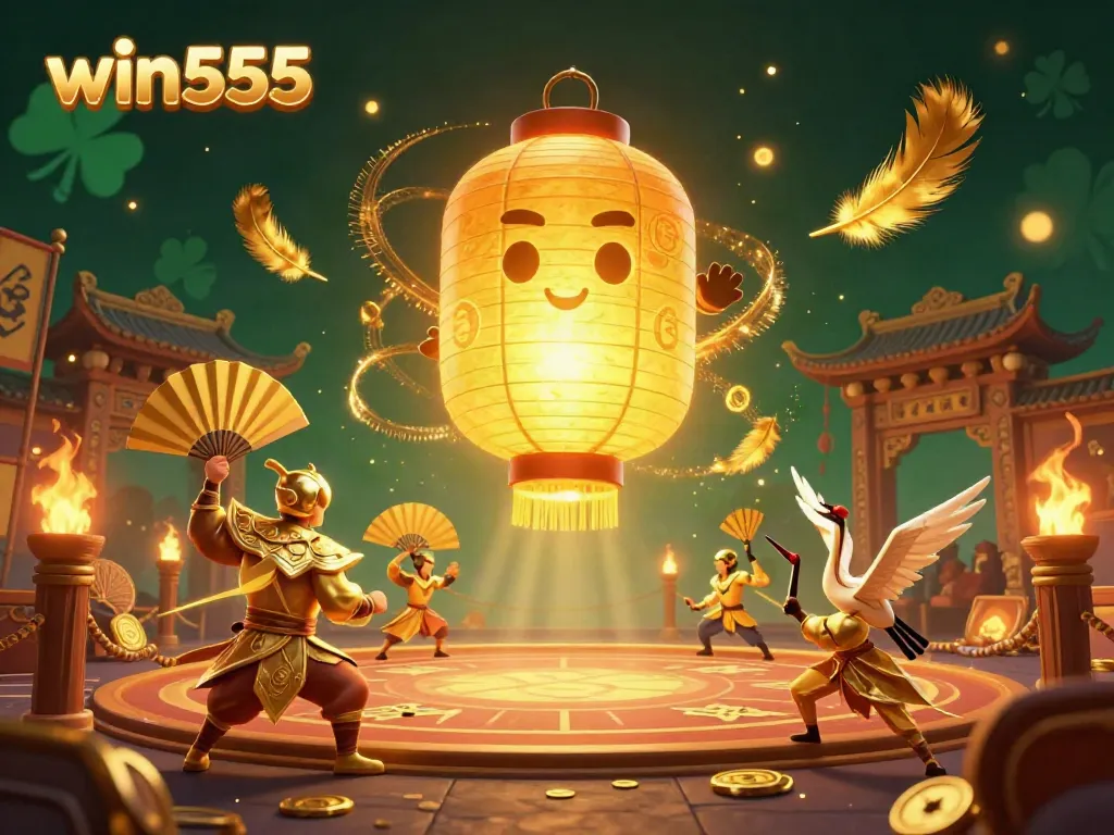 Experience win555 with vibrant gaming energy, golden spirits, and dynamic casino features in this 3D illustration.