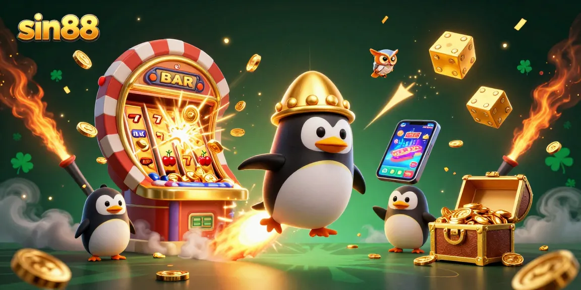 Experience sin88's vibrant casino adventure with a golden penguin racing towards a jackpot.
