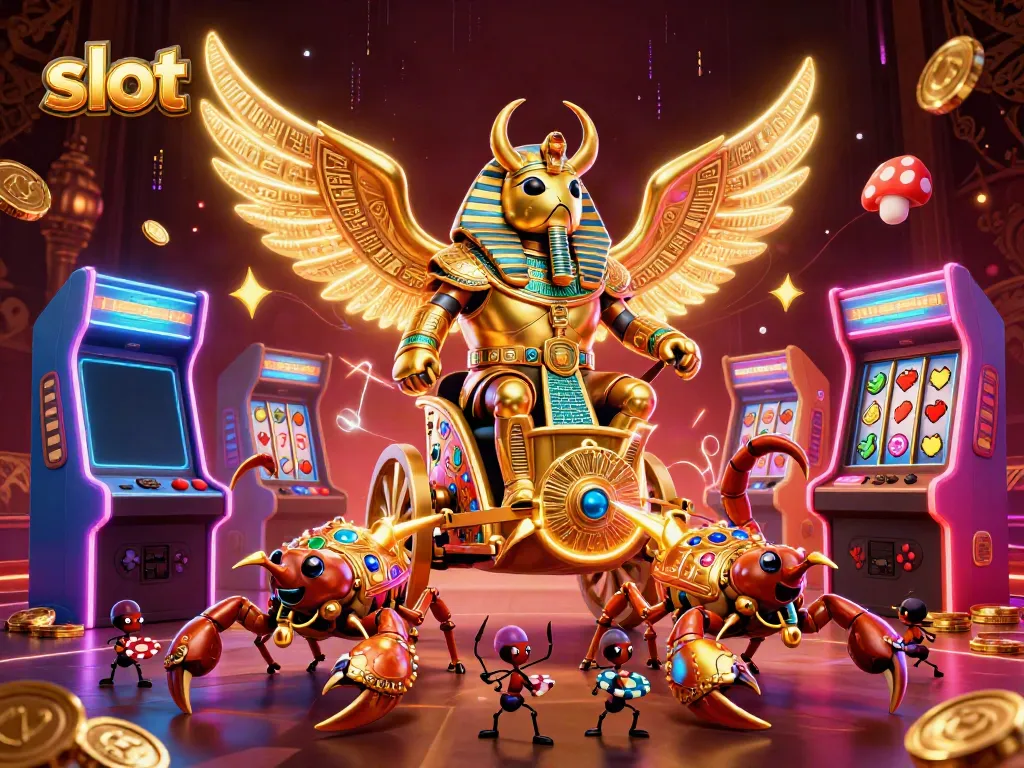 Engage in slot gameplay with a scarab beetle in chariot surrounded by vibrant casino elements.