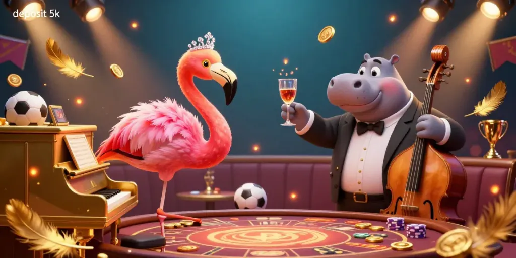 Celebrate big wins at our deposit 5k casino, with a vibrant illustration showcasing lively characters and dynamic game elements.