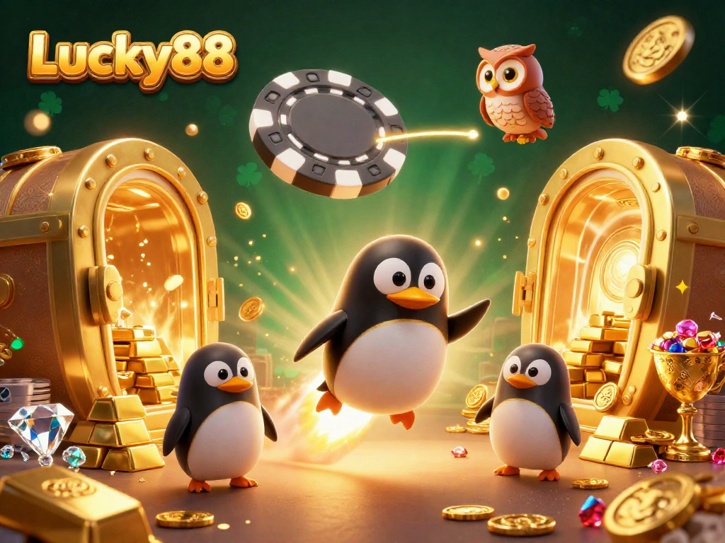 Experience the thrill of Lucky88 with an exciting 3D illustration of a golden penguin soaring towards a casino space station.