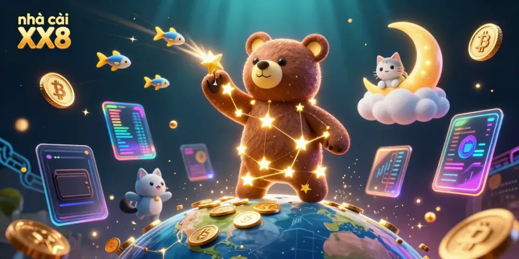 Engaging illustration of nhà cái XX8 showcasing vibrant casino themes with a dynamic bear character.