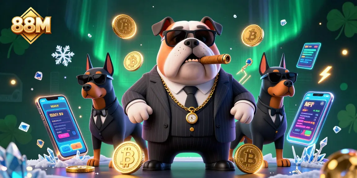 88M casino scene with a mafia boss bulldog, Doberman bodyguards, and crypto elements creating an exhilarating gambling atmosphere.