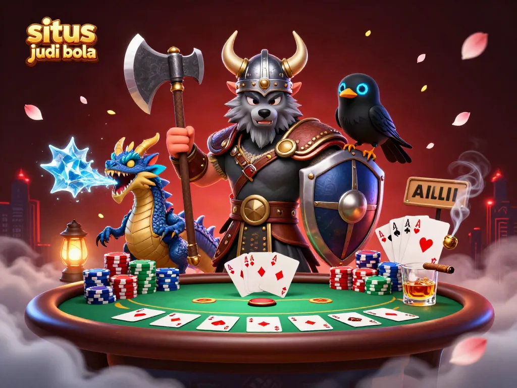 Engage in situs judi bola with 3D Viking wolf warrior, dragon, and raven, surrounded by vibrant poker elements.