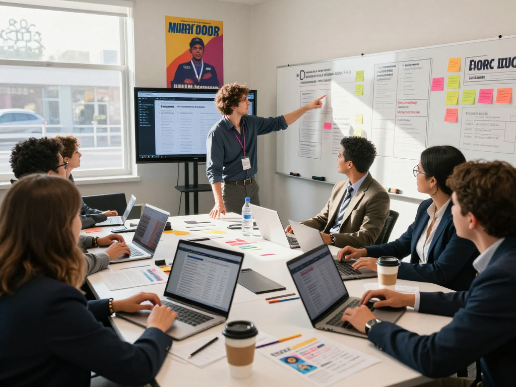 Engaging political campaign team analyzing programmatic ads for campaigns in a bright, modern office setting