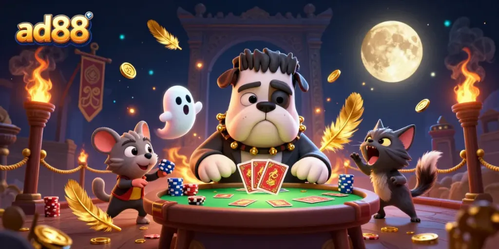 ad88 engages players in a vibrant casino scene featuring a Frankenstein bulldog dealing cards.