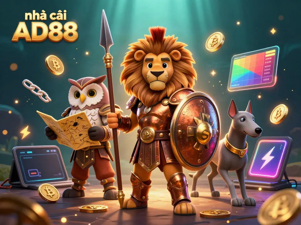 Experience the thrill of nhà cái AD88 with this detailed 3D illustration featuring gaming icons.