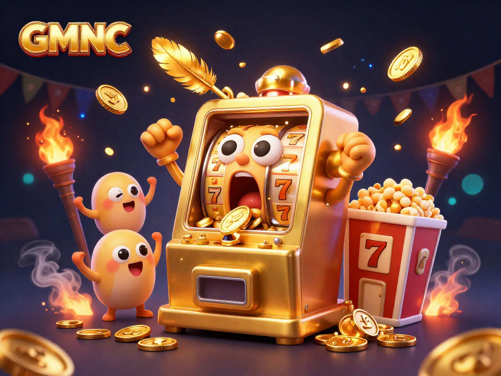 Engaging GMNC illustration of a golden slot machine hitting a jackpot amidst vibrant casino elements.