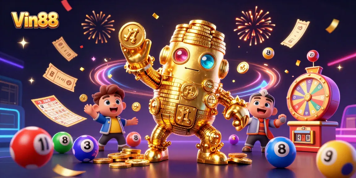 Experience excitement with Vin88 as golden golem conjures thrilling lottery elements in a vibrant casino scene.
