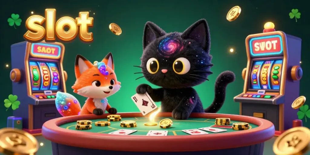 Experience the excitement of slot gaming with a cosmic cat drawing in golden chips at a vibrant casino table.