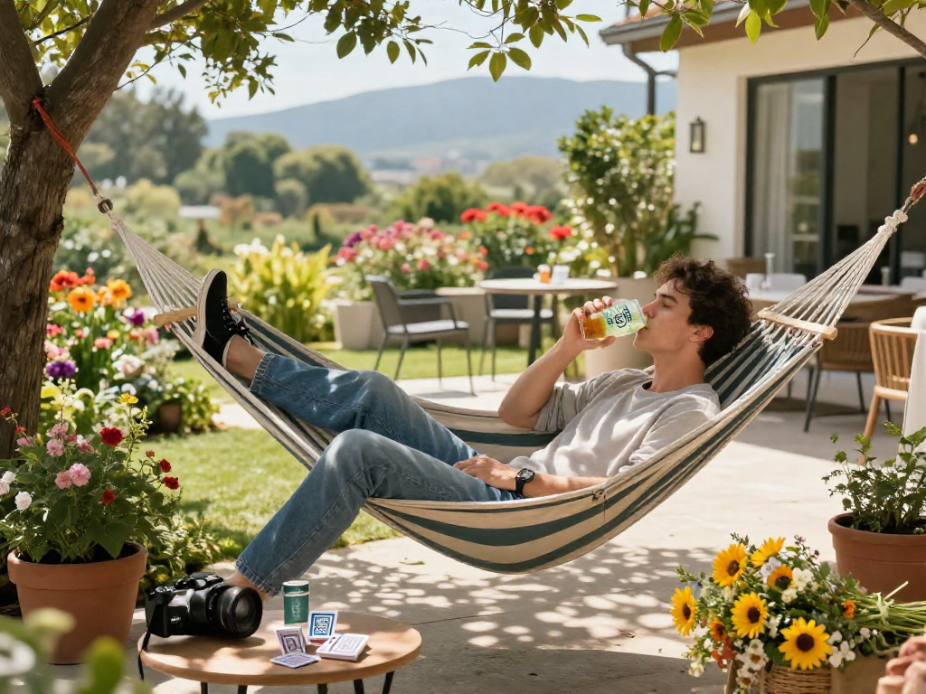 Motchill outdoor relaxation scene with a young adult enjoying a drink in a hammock.