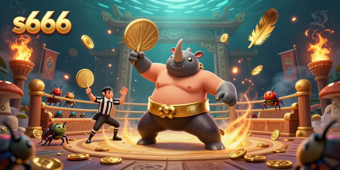 S666's thrilling online gaming scene features beetle champion and cricket referee amidst golden coins.