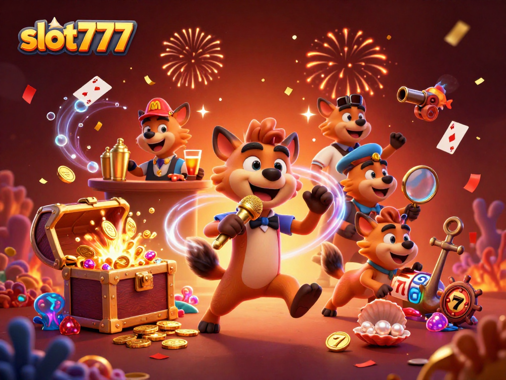 Experience the excitement of slot777 with hyenas in a vibrant casino scene filled with treasures.