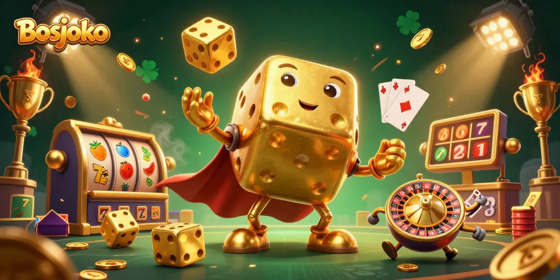 Experience exhilarating wins with Bosjoko slots illustrated by dice golem and golden elements.
