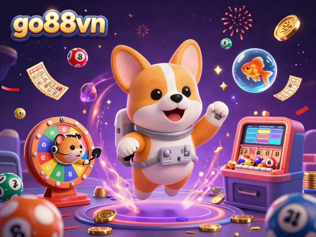 Experience the excitement of go88vn with a floating corgi in a space casino surrounded by colorful game elements.