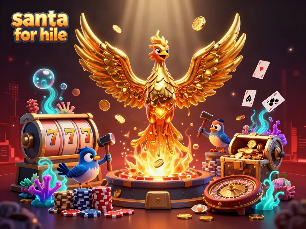 Experience the magic of Santa for hire in a vibrant casino-themed scene with a golden phoenix.