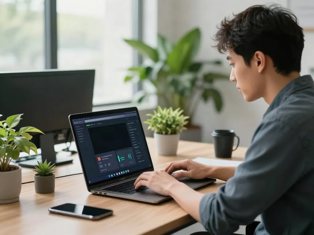 Workspace featuring a user interacting with the brave浏览器 in a modern office setting, showcasing productivity.