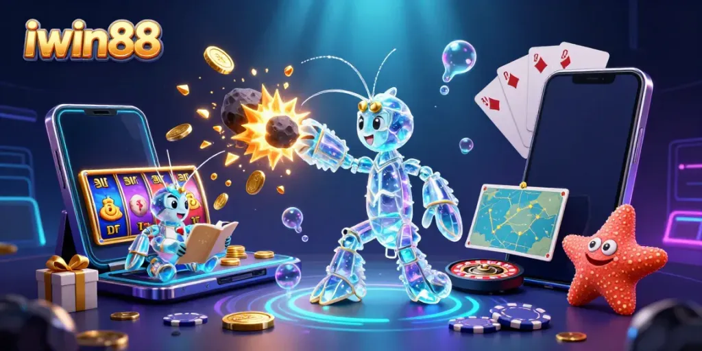 iwin88 showcases a gambling scene with a galactic samurai shrimp and a starfish amidst dynamic casino elements.