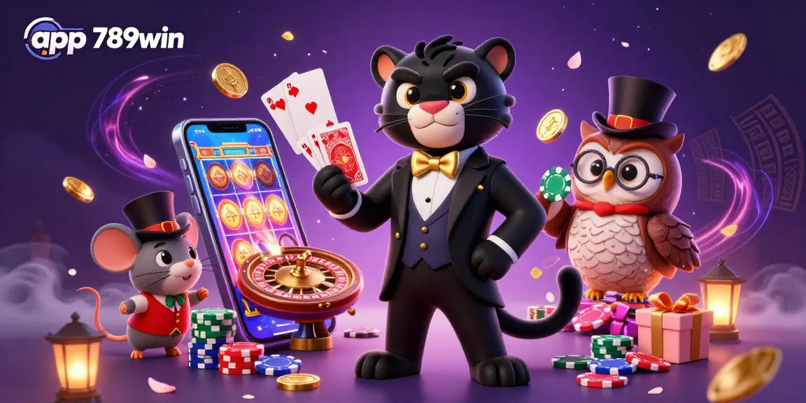 Experience app 789win with a vibrant 3D casino illustration featuring a black panther, owl, and lucky mouse.