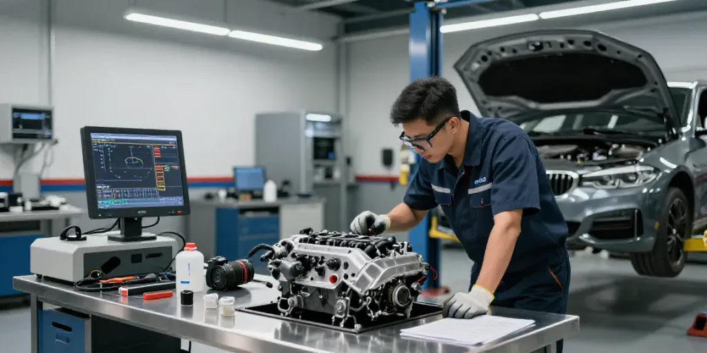 Technician at BMW werkstatt hannover inspecting an engine, showcasing high-quality automotive service.