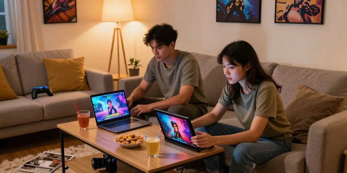 Engaged young adults playing porn games on laptops in a cozy living room.