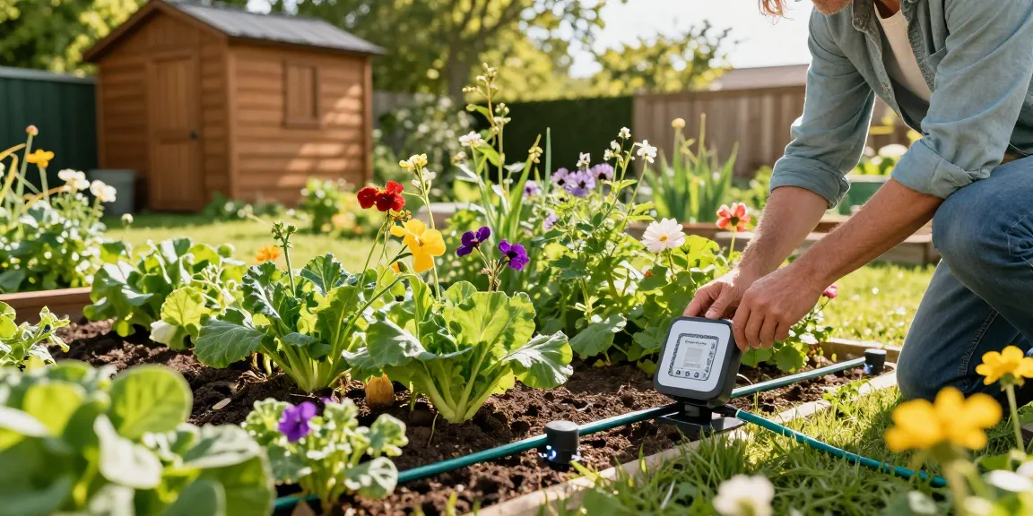 Gardener using rainpoint smart sprinkler controller in a vibrant backyard garden.