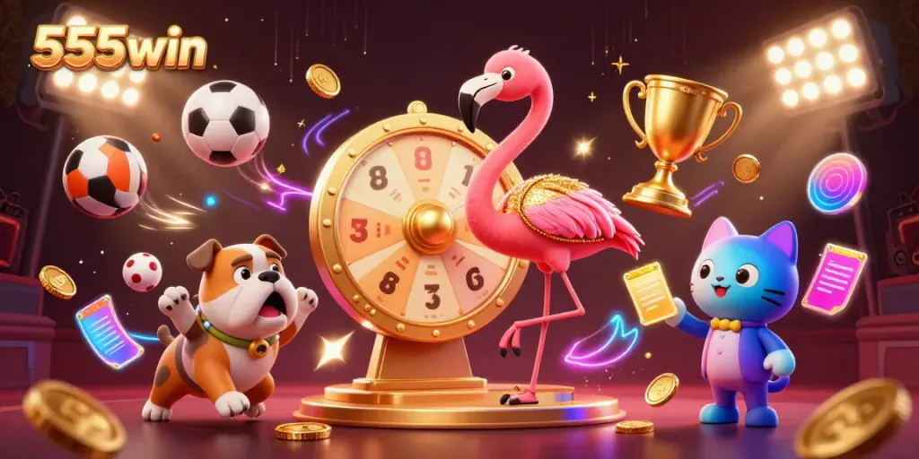 Engage with thrilling gaming action at 555win through our vibrant illustration, showcasing sports excitement and prize-winning moments.