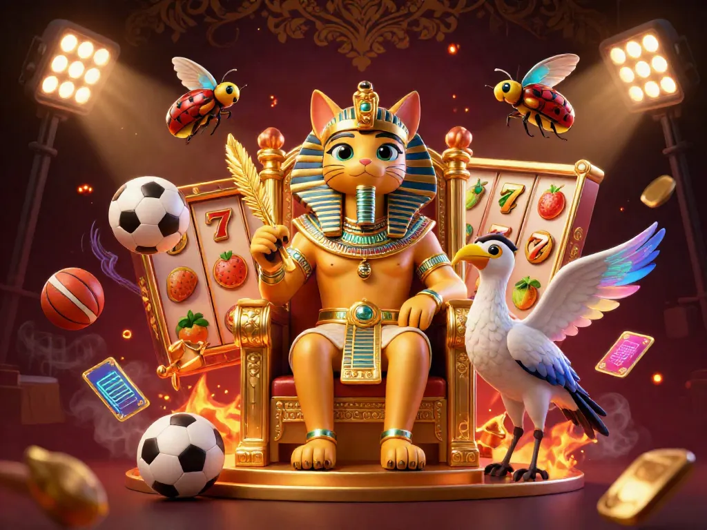 Experience the thrill of slots with this vibrant 3D scene featuring a royal cat and jackpot elements.
