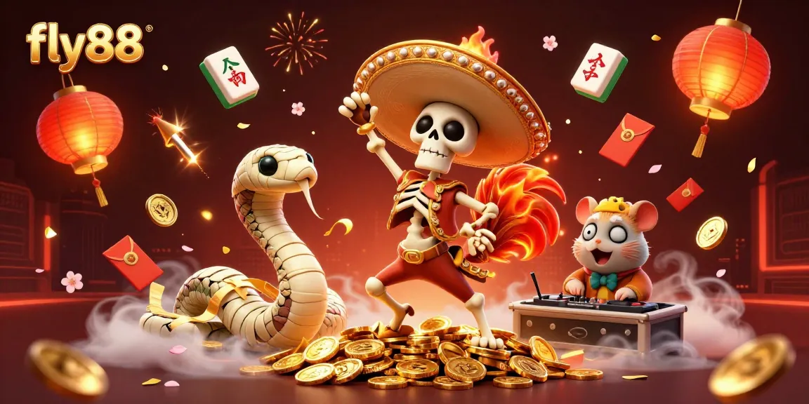 fly88 showcases a dynamic scene of characters celebrating with vibrant game elements, depicting excitement in gambling artistry.