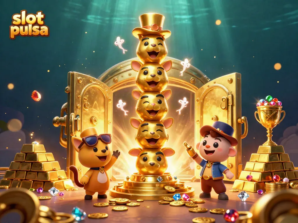 Permainan slot pulsa yang penuh kemewahan dengan totem emas, harta berlimpah, dan cahaya kilauan berwarna-warni.