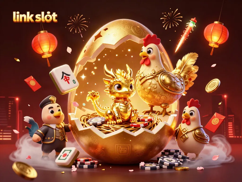 Experience the excitement of winning with link slot illustrations featuring a golden dragon and poker chips.