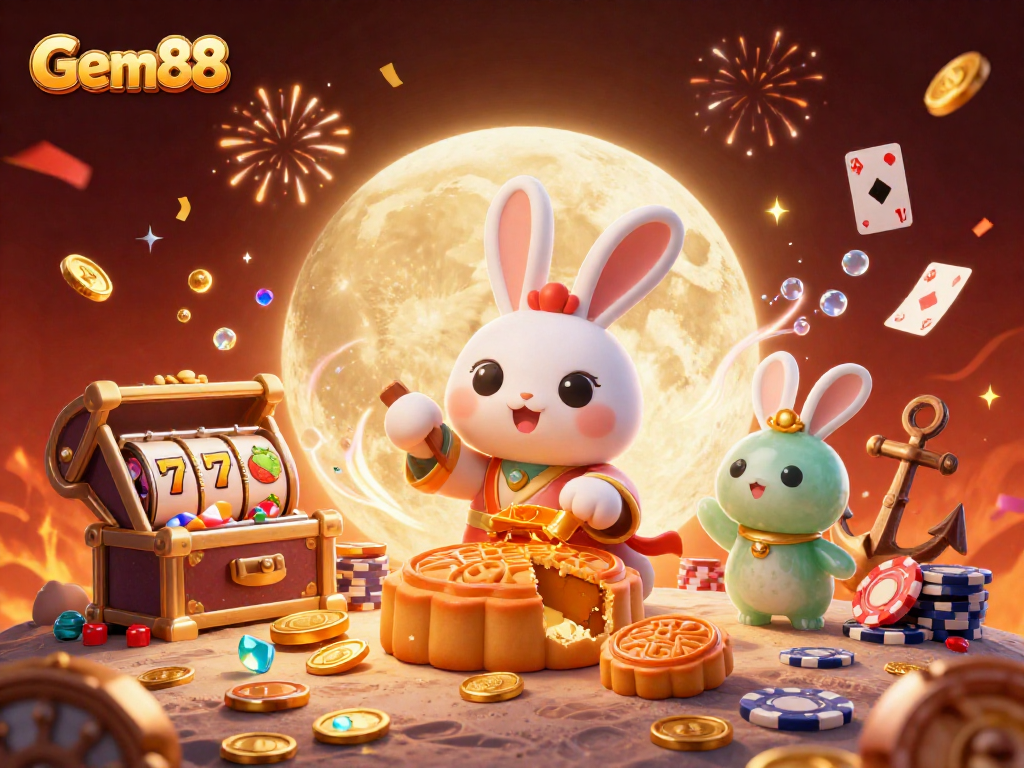 Engage with Gem88 as moon rabbits unveil poker chips from mooncakes amidst casino treasures in vibrant 3D illustration.