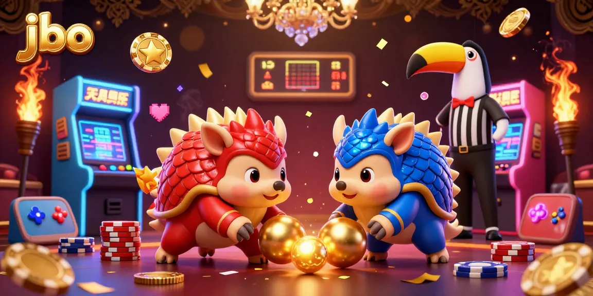 Experience the excitement at jbo with dynamic pangolins bowling through poker chips in a vibrant casino scene.