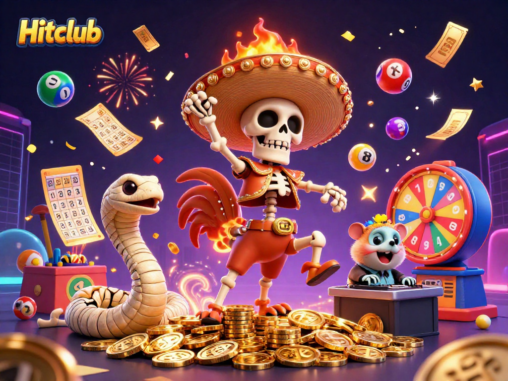 Celebrate winnings with Hitclub's vibrant casino scene, featuring unique characters and bingo elements.