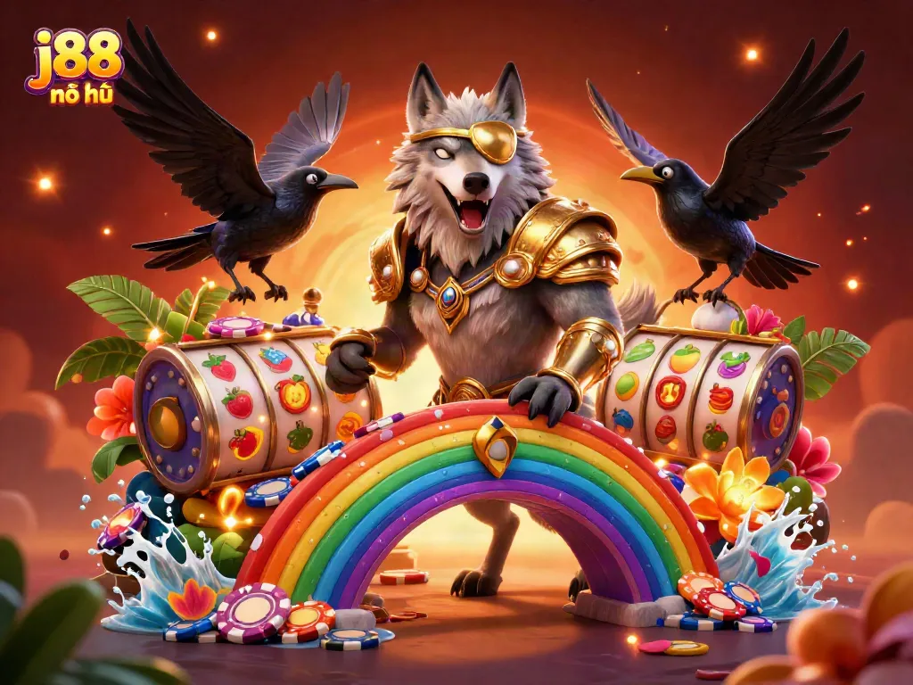 Experience the thrill of j88 nổ hũ with enchanting slot reels and mythical characters in a vibrant casino scene.