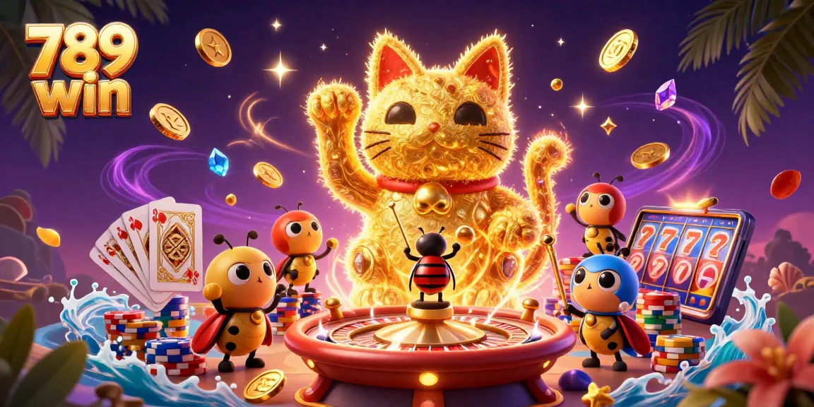 Join the excitement at 789 win with a dynamic illustration featuring a lucky cat and casino elements.