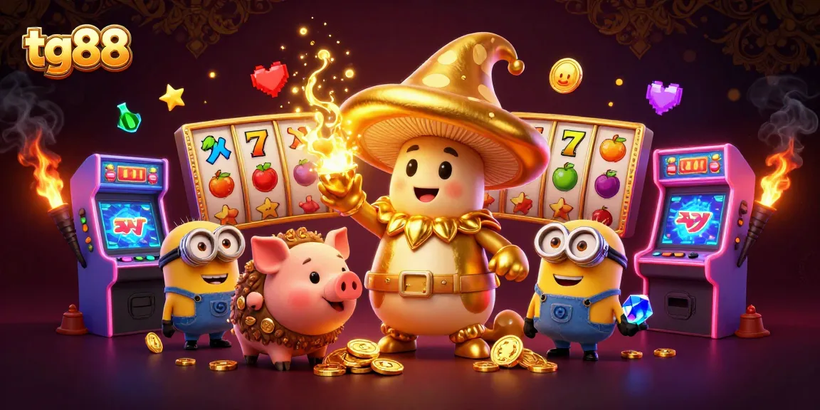Tg88 features a golden wizard and treasure-seeking pig in a vibrant casino scene packed with slot elements.