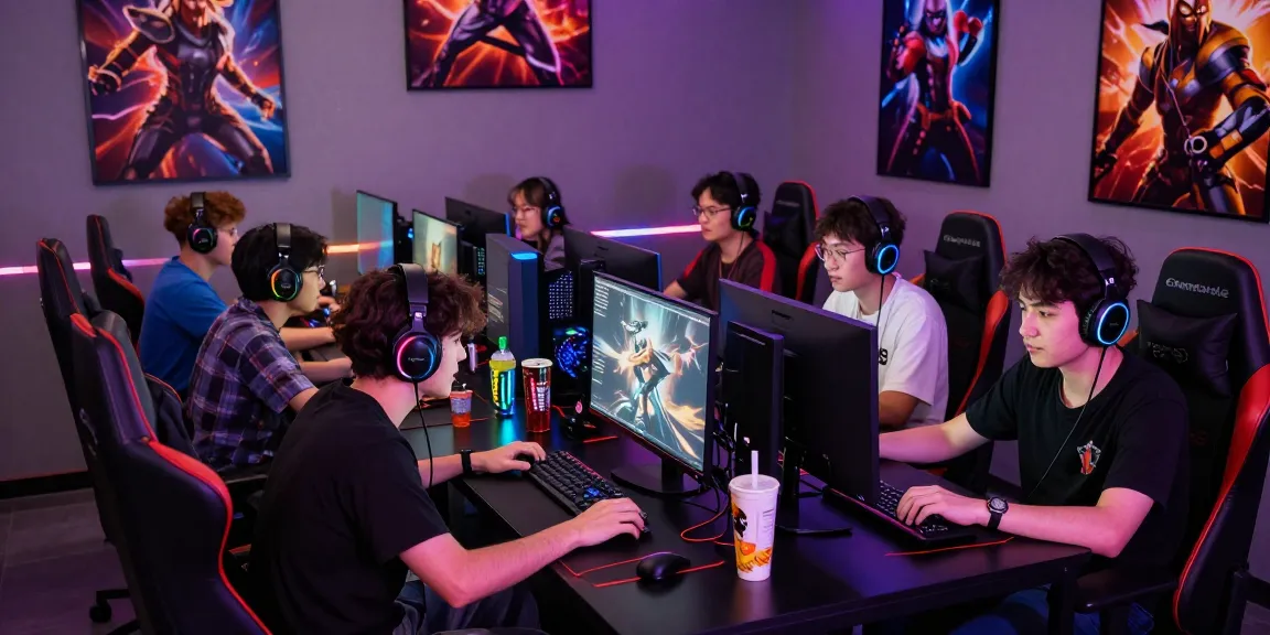 Gathering of gamers in vibrant gaming lounge discussing rokok88 alternatif strategies.